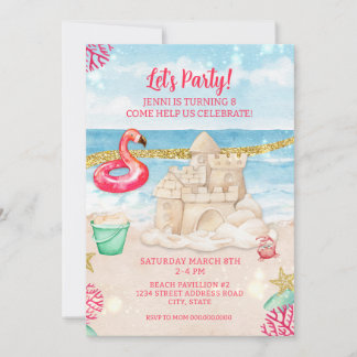 Beach Sandcastle Flamingo Geburtstagsparty herunte Einladung