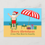 Beach Santa Claus Niedlich Custom Christmas Postkarte<br><div class="desc">Diese niedliche Weihnachts-Postkarte ist die perfekte Postkarte für das warme Wetter am Pool oder am Strand. Machen Sie es zu einem lustigen Nordpol Thema extravaganza mit dem Weihnachtsmann in seinen Swimmingpools neben einem rot-weiß gestreiften Strand Schirm und Geschenke. Ich habe Herrn Klaus noch nie zuvor in einem Anzug gesehen! Der...</div>
