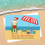 Beach Santa Claus Niedlich Custom Sonniges Weihnac Feiertagskarte<br><div class="desc">Diese niedliche Weihnachtskarte ist die perfekte Postkarte für das warme Wetter am Pool oder am Strand. Machen Sie es zu einem lustigen Nordpol Thema extravaganza mit dem Weihnachtsmann in seinen Swimmingpools neben einem rot-weiß gestreiften Strand Schirm und Geschenke. Ich habe Herrn Klaus noch nie zuvor in einem Anzug gesehen! Der...</div>