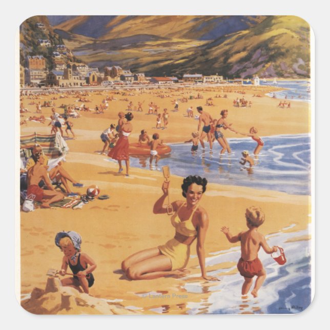 Beach Scene Mutter und Kids British Rail Quadratischer Aufkleber (Vorderseite)
