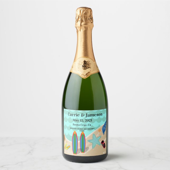 Beach Scene Wedding Sparkling Wine Label (Vorderseite)