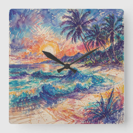 Beach Scribbles - Line Art Style Landscape Quadratische Wanduhr