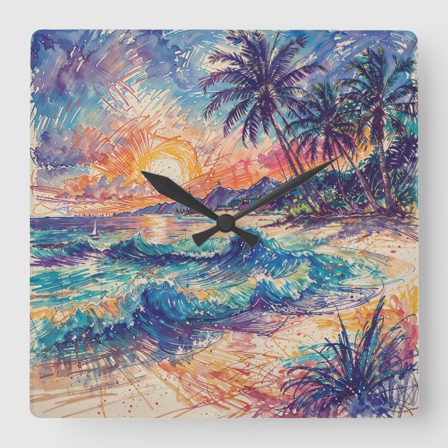Beach Scribbles - Line Art Style Landscape Quadratische Wanduhr (Vorderseite)