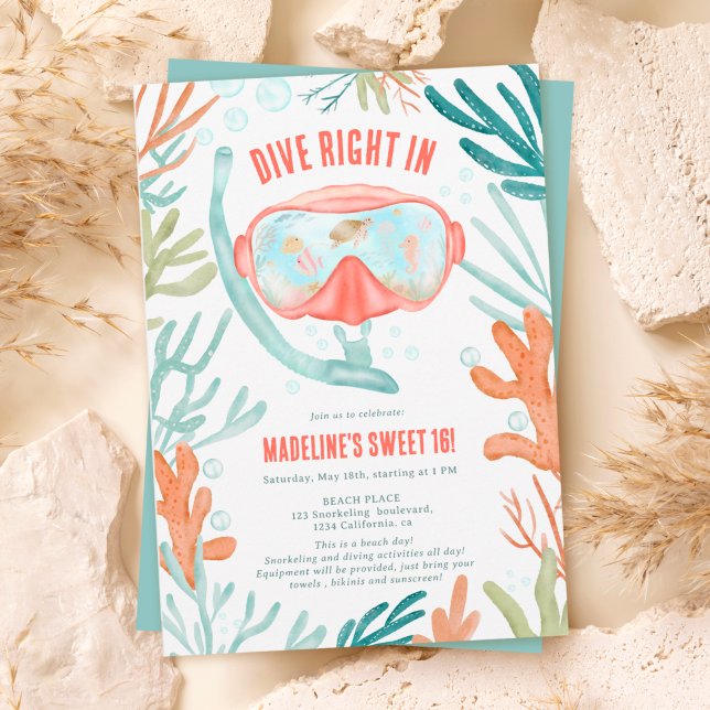 Beach Scuba tauchen Wasserfarbenleben Meer Leben S Einladung (Beach Scuba diving watercolor sea life Sweet 16 Invitation)
