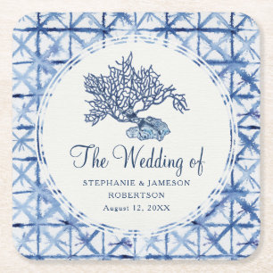 Beach Sea Coral Shibori Navy Blue Ocean Wedding Rechteckiger Pappuntersetzer