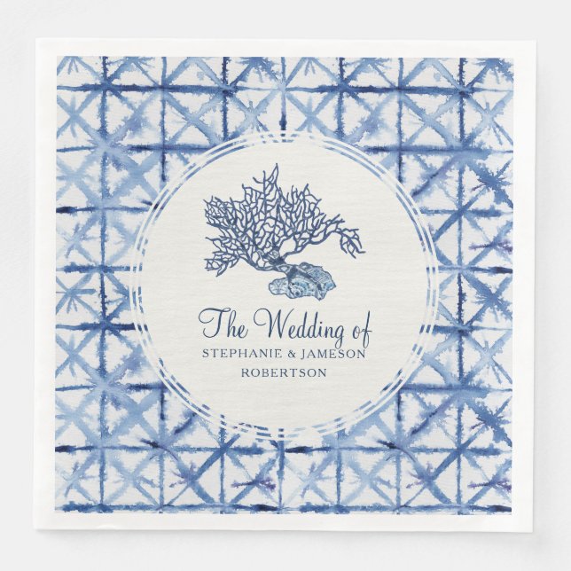 Beach Sea Coral Shibori Navy Blue Ocean Wedding Serviette (Vorderseite)