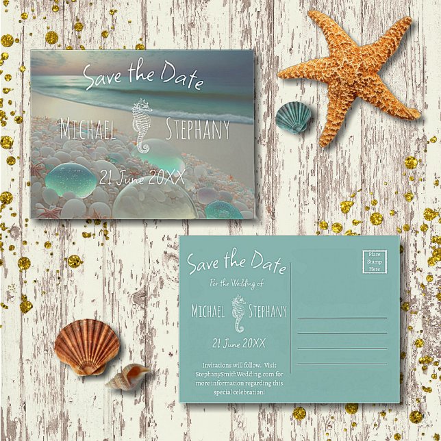 Beach Sea Glass Seepferd Save the Date Einladungspostkarte (Von Creator hochgeladen)