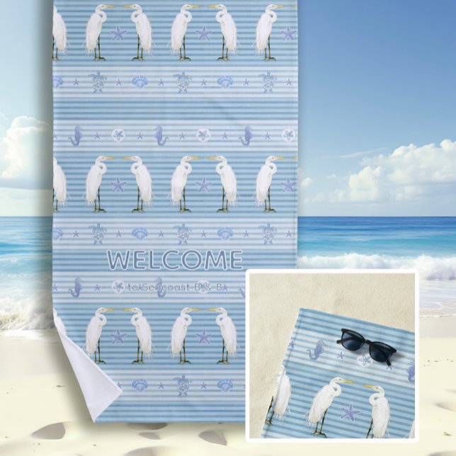 Beach Sea Turtle Seahorse Egret Blue Personalized Strandtuch (Von Creator hochgeladen)