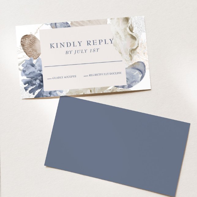 Beach SeaShell Blue Hochzeit RSVP Card (Von Creator hochgeladen)