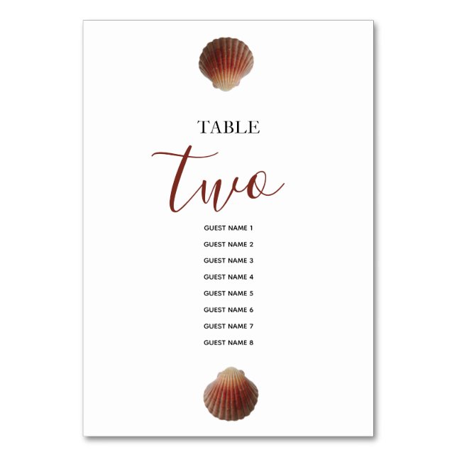 Beach Seashell Clams Wedding Guest Names Tischnummer (Vorderseite)
