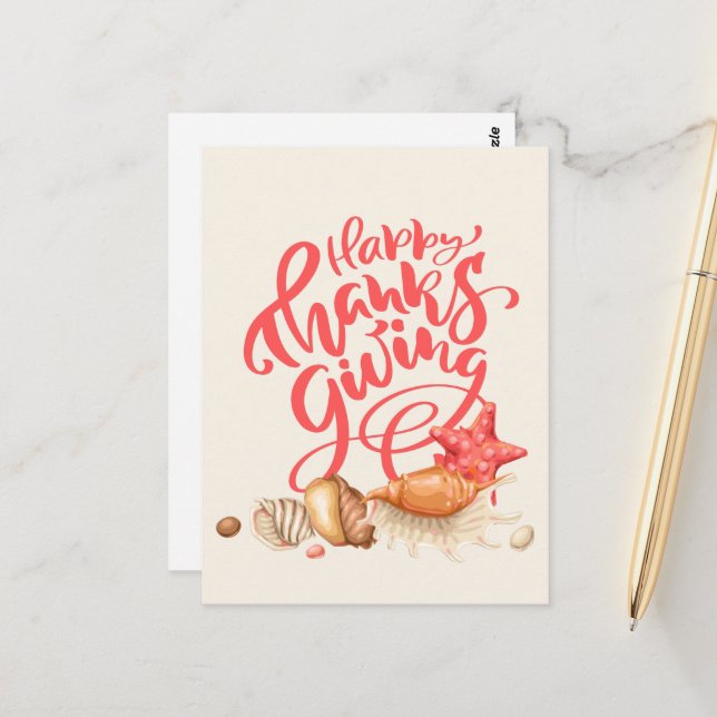 Beach Seashell Coastal Erntedank Gruß Postkarte (Vorderseite/Rückseite Beispiel)