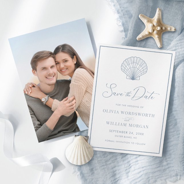 Beach Seashell Elegant Dusty Blue Wedding Save The Date (Von Creator hochgeladen)