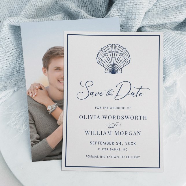 Beach Seashell Elegant Navy Blue Wedding Save The Date (Von Creator hochgeladen)