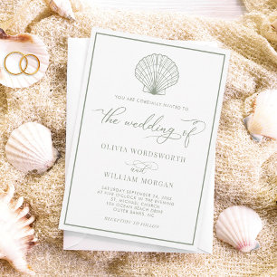 Beach Seashell Elegante White Sage Green Wedding Einladung