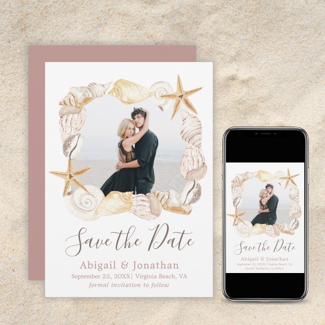 Beach Seashell Foto Blush Pink Elegante Hochzeit Save The Date (Von Creator hochgeladen)