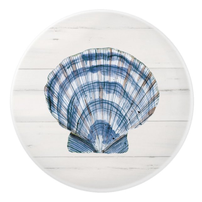Beach Seashell Modern Navy Blauer Weißer Barnholz Keramikknauf (Vorderseite)