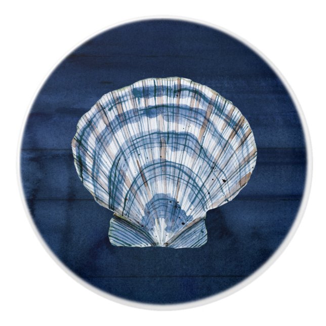Beach Seashell Modern Navy Blue White Rustic Holz Keramikknauf (Vorderseite)