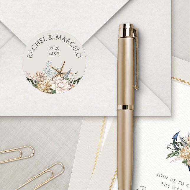 Beach Seashells BlumenWedding Runder Aufkleber (Von Creator hochgeladen)