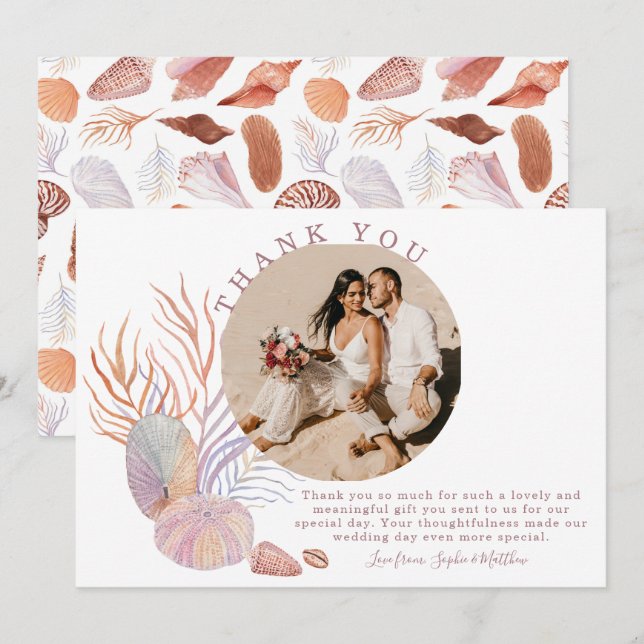 Beach Seashells Foto Hochzeit an der Küste Dankeskarte (Vorne/Hinten)