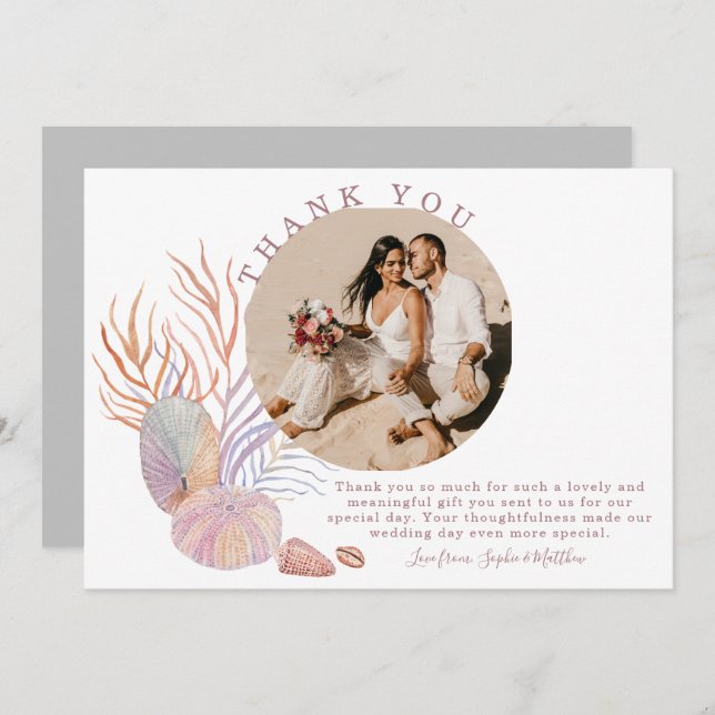 Beach Seashells Foto Hochzeit an der Küste Dankeskarte (Vorne/Hinten)