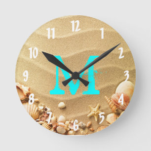 Beach Seashells Hawaii Monogram Initial Wall Clock Runde Wanduhr