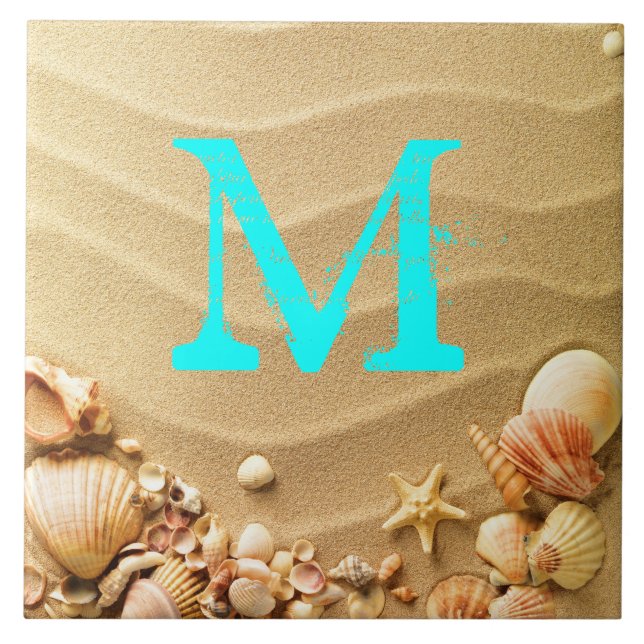Beach Seashells Hawaii Sand Monogram Display Tile Fliese (Vorderseite)