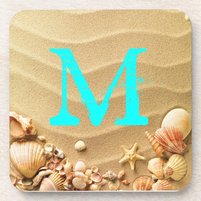 Beach Seashells Hawaii Sand Monogram Drink Unterse Getränkeuntersetzer (Vorderseite)