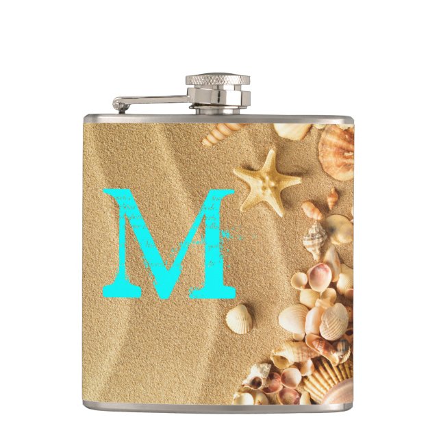 Beach Seashells Hawaii Sand Monogram Whiskey Flask Flachmann (Vorderseite)