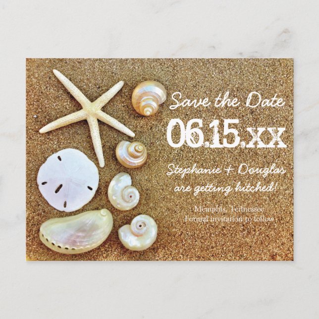 Beach Seashells Sand Save the Date Postkarten (Vorderseite)