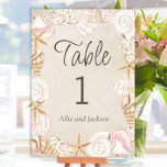 Beach Seashells Sand Seaside Reception Tischnummer<br><div class="desc">Sandfarbene Hochzeitsempfangskarte am Strand gerahmt mit wunderschönen Muscheln. Personalisieren Sie eine Karte für jeden Tisch. Auf der Vorder- und Rückseite bedruckt, damit Ihre Nummer von beiden Seiten aus gesehen werden kann. Kontaktieren Sie mich, um Hilfe bei Ihren Anpassungen zu erhalten oder um zusätzliche Matching oder Koordination von Zazzle Produkten für...</div>