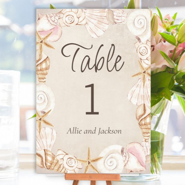 Beach Seashells Sand Seaside Reception Tischnummer (Seashell beach wedding table number card)