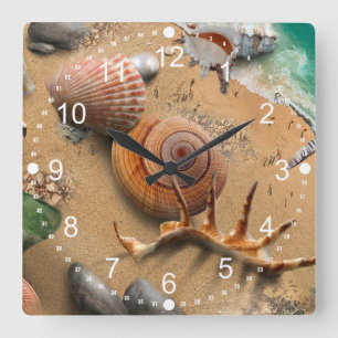 Beach Seashells Sand Waves Summer Quadratische Wanduhr