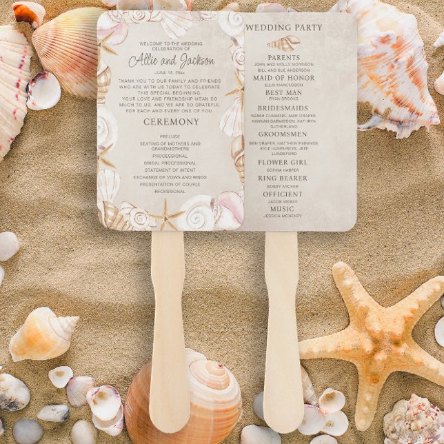 Beach Seashells Sand Wedding Program Brautparty Fächer (Wedding program/bridal party hand fan)