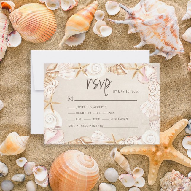 Beach Seashells Sand Wedding RSVP Karte (Beach/sea shell wedding RSVP card)