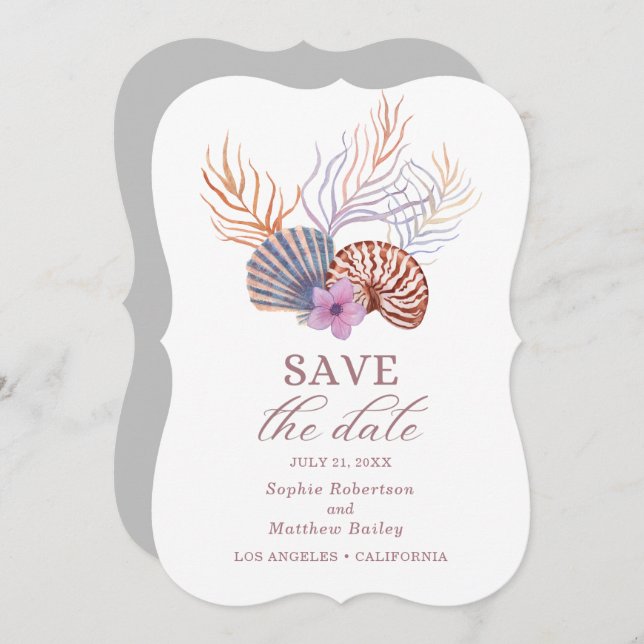 Beach Seashells Wasserfarben Coastal Chic Hochzeit Save The Date (Vorne/Hinten)