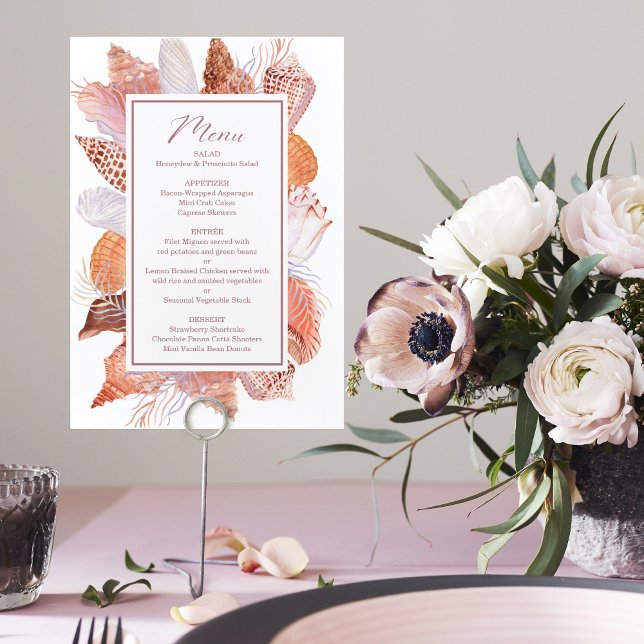 Beach Seashells Watercolor Coastal Chic Flat Menü Menükarte (Von Creator hochgeladen)