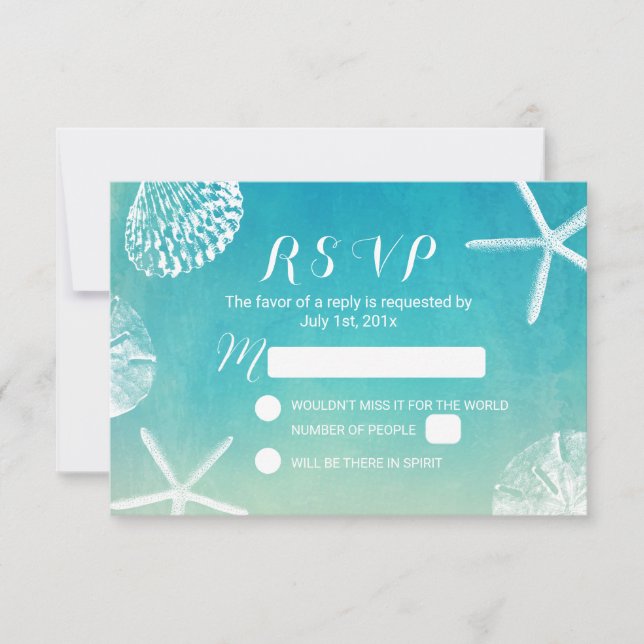 Beach Seashells Watercolor Türkis Wedding RSVP (Vorderseite)