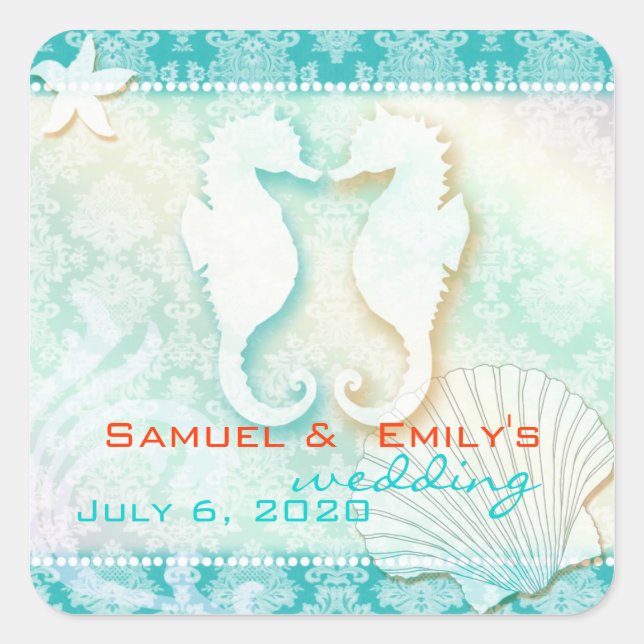 Beach Seepferd Aqua Wedding Save the Date Quadratischer Aufkleber (Vorderseite)