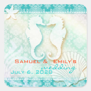 Beach Seepferd Aqua Wedding Save the Date Quadratischer Aufkleber