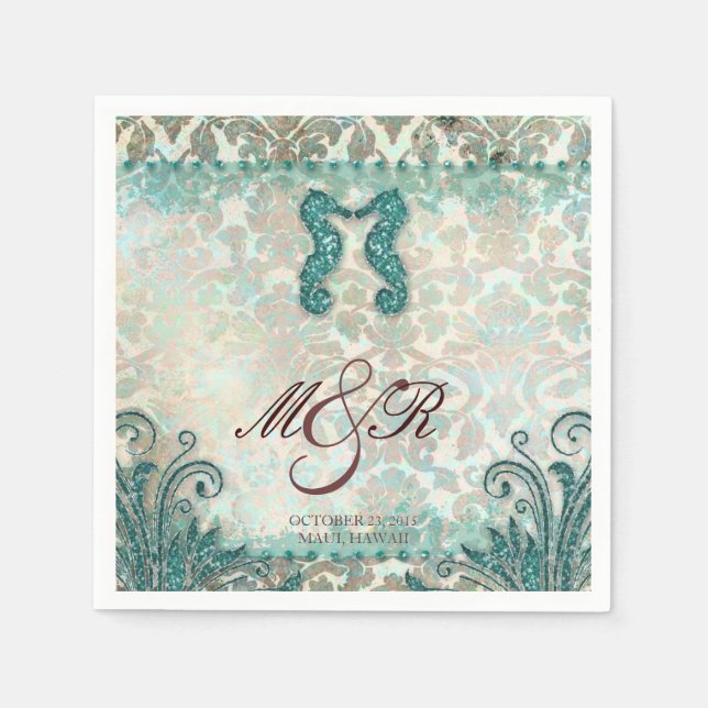 Beach Seepferd Damask Hochzeitstag Serviette (Vorderseite)