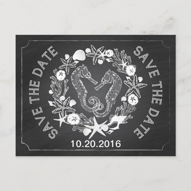 Beach Seepferd Seashell Chalkboard Save the Date Ankündigungspostkarte (Vorderseite)