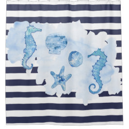 Beach Seepferd Watercolor Starfish Navy Blue White Duschvorhang