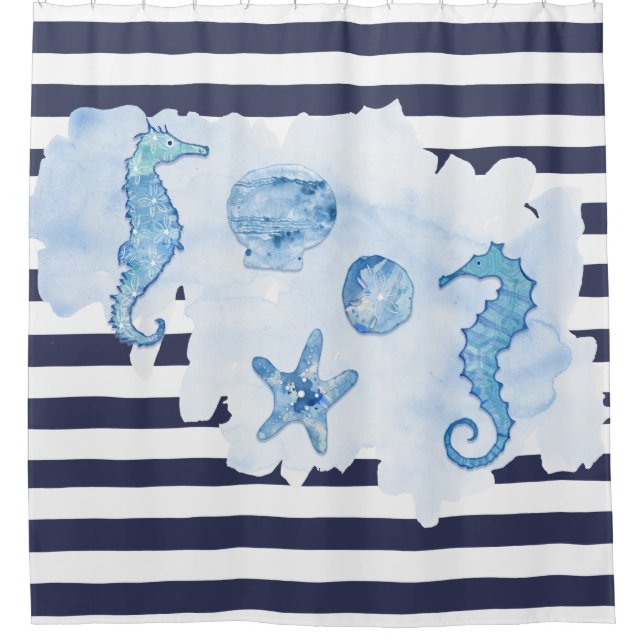Beach Seepferd Watercolor Starfish Navy Blue White Duschvorhang (Vorderseite)