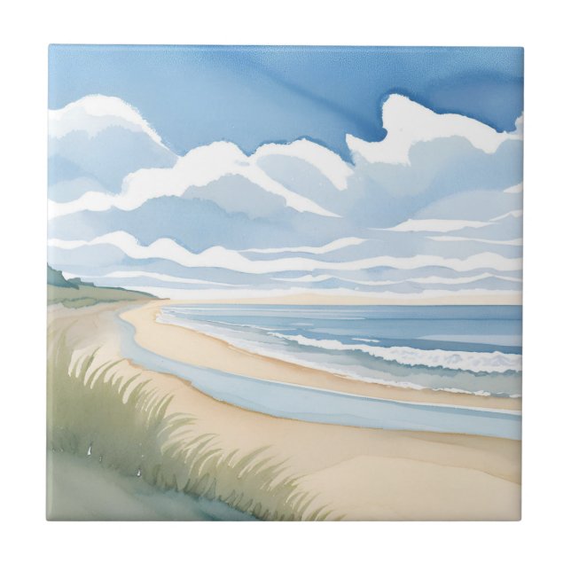 Beach Shore Walk | Coastal Ocean Watercolor Fliese (Vorderseite)