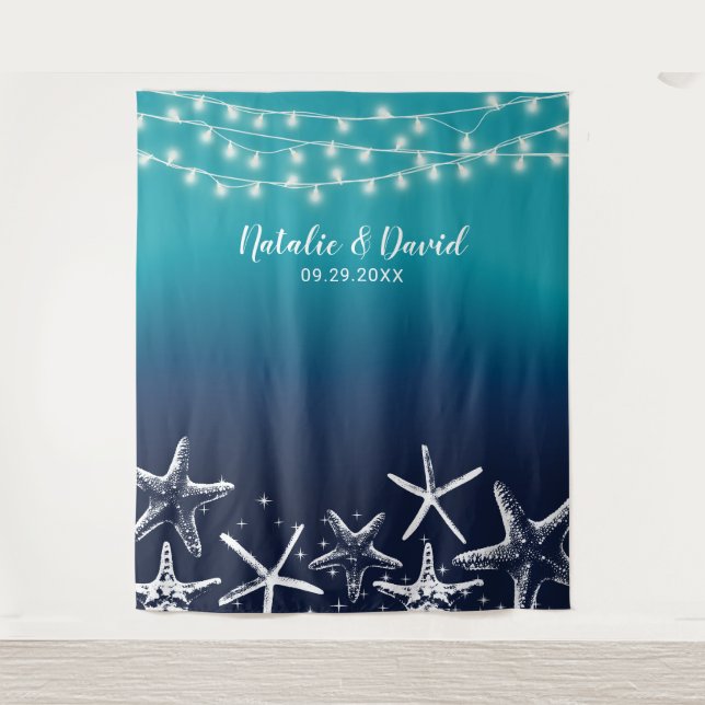 Beach Starfish Ocean Blue Summer Wedding Backdropp Wandteppich (Vorderseite)