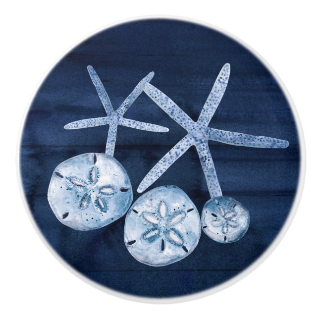 Beach Starfish Sand Dollar Navy Blauer rustikaler  Keramikknauf (Vorderseite)