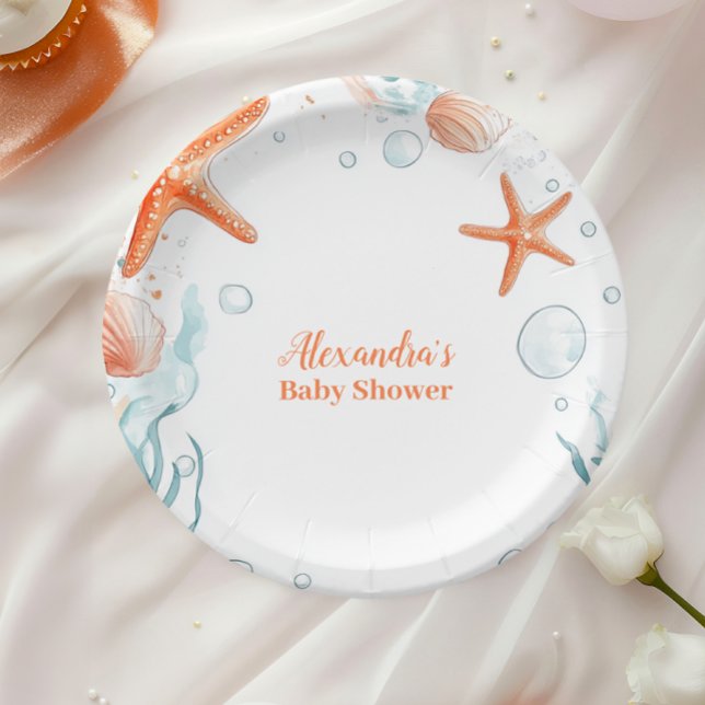 Beach Starfish & Seashells Elegante Babydusche Pappteller (Von Creator hochgeladen)