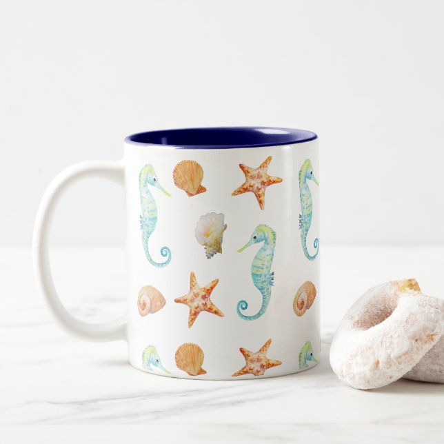 Beach Starfish Seepferd Muscheln Zweifarbige Tasse (Mit Donut)