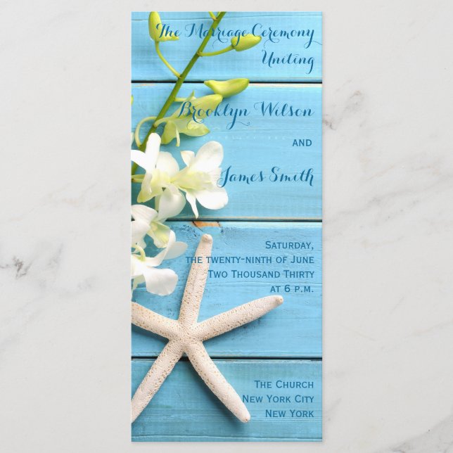 Beach Starfish Wedding Programs with Orchid Floral Programm (Vorderseite)
