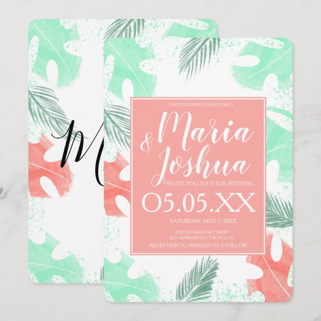 Beach Summer Tropical Monstera Wedding Einladung (Vorne/Hinten)